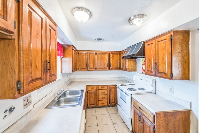 kitchen with sink, white electric stove, wall chimney range hood, and light tile patterned flooring