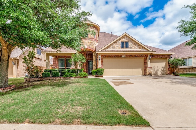 view of front of home with a front lawn and a garage