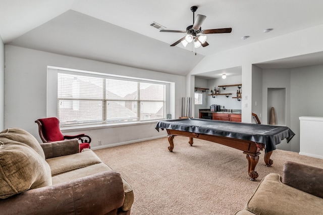 recreation room featuring light carpet, billiards, and ceiling fan