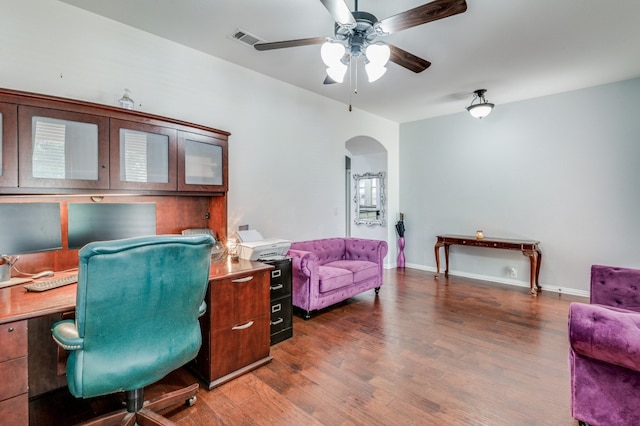 office area featuring ceiling fan and dark wood-type flooring