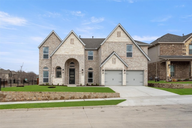 view of front of home featuring a front lawn and a garage