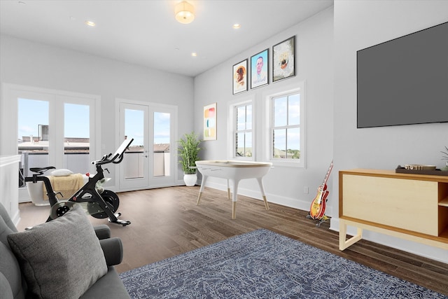 workout area with french doors and dark hardwood / wood-style floors