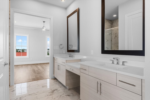 bathroom featuring vanity, ceiling fan, wood-type flooring, and walk in shower