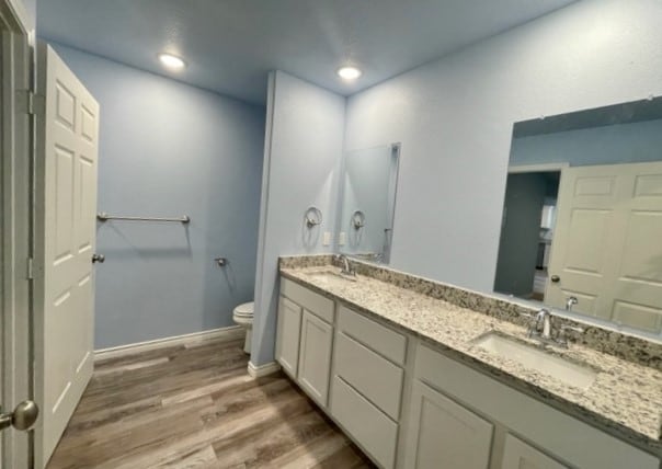 bathroom with toilet, double vanity, and wood-type flooring