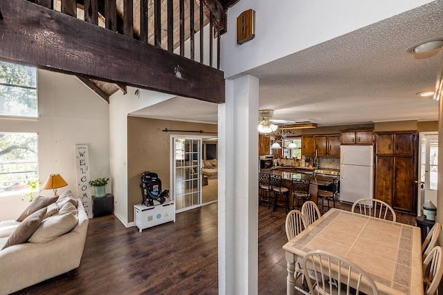 dining space with a textured ceiling, dark hardwood / wood-style flooring, high vaulted ceiling, and ceiling fan