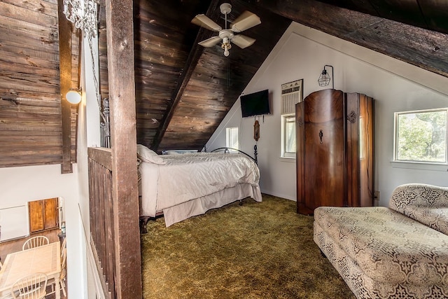 bedroom featuring ceiling fan, lofted ceiling with beams, multiple windows, carpet, and wood ceiling