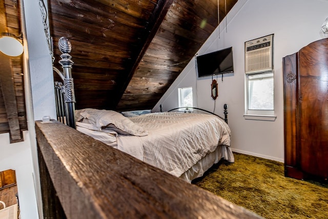 bedroom with carpet floors, lofted ceiling, and wood ceiling