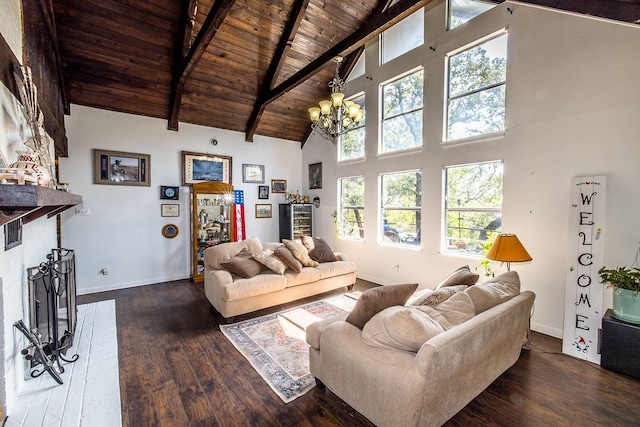 living room featuring high vaulted ceiling, an inviting chandelier, beamed ceiling, dark hardwood / wood-style flooring, and wood ceiling