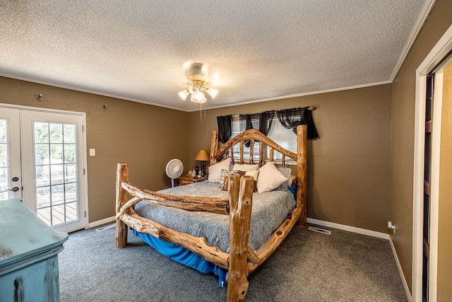 bedroom featuring ceiling fan, french doors, access to outside, carpet, and ornamental molding