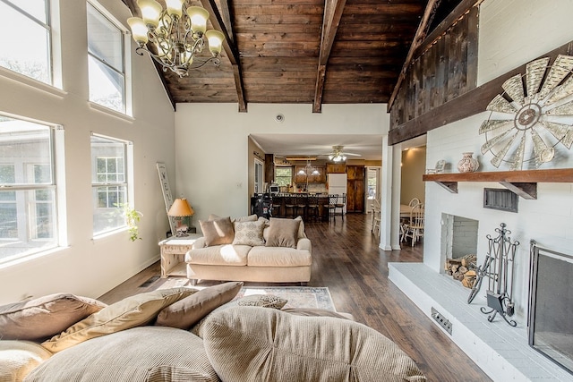 living room featuring wooden ceiling, dark hardwood / wood-style flooring, beamed ceiling, high vaulted ceiling, and ceiling fan with notable chandelier