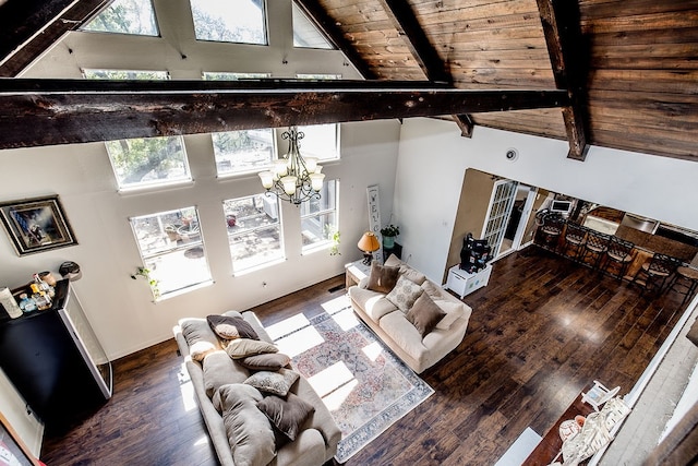 living room featuring wooden ceiling, an inviting chandelier, beamed ceiling, high vaulted ceiling, and hardwood / wood-style flooring