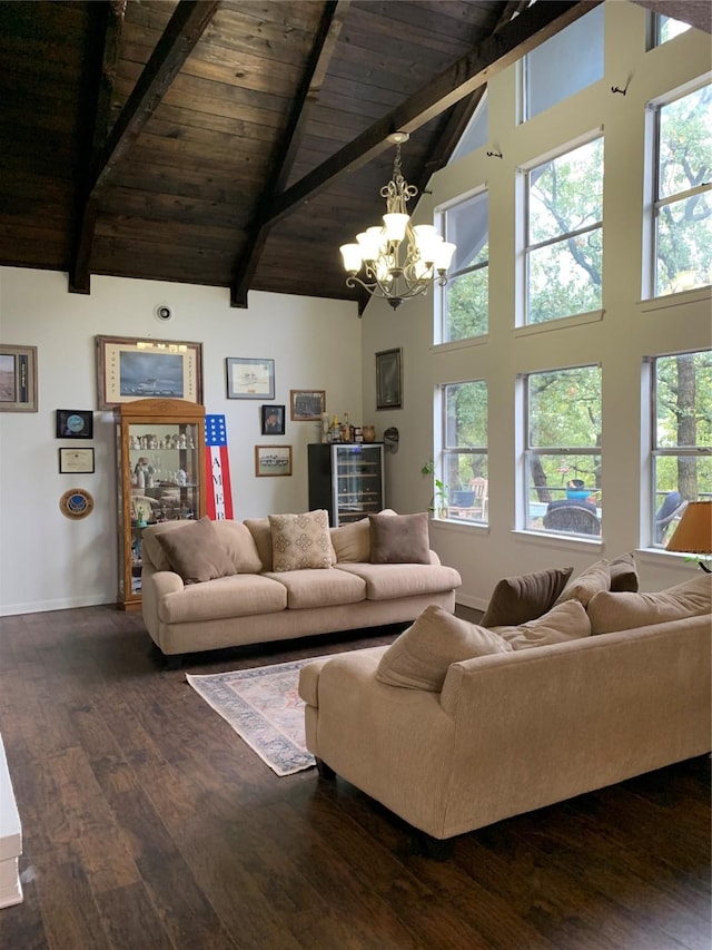 living room with beam ceiling, high vaulted ceiling, dark hardwood / wood-style floors, a chandelier, and wood ceiling