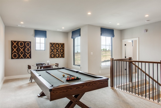 rec room with light colored carpet and pool table