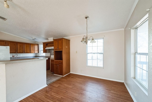 kitchen with crown molding, lofted ceiling, wood-type flooring, and hanging light fixtures