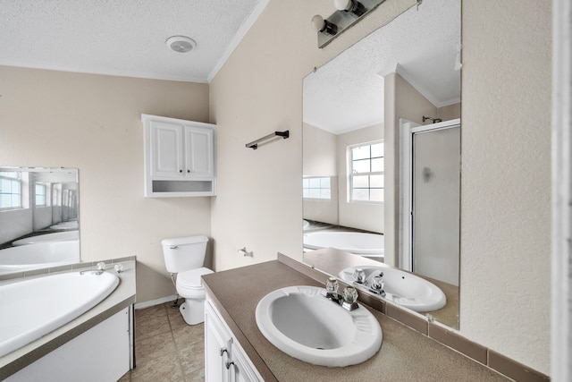 full bathroom with crown molding, vanity, a textured ceiling, independent shower and bath, and toilet