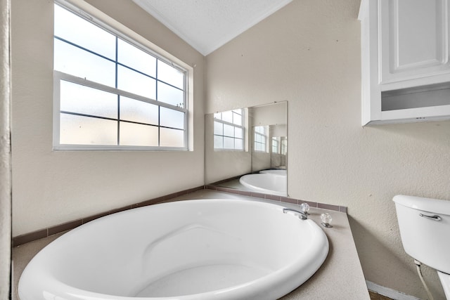 bathroom featuring a bathtub, vaulted ceiling, toilet, and a textured ceiling