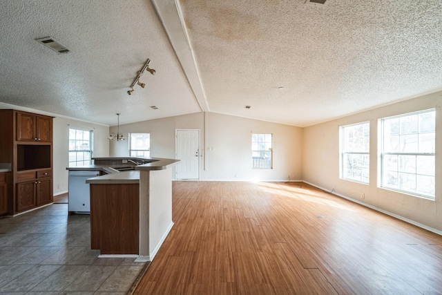 kitchen with a wealth of natural light, decorative light fixtures, dishwasher, lofted ceiling, and hardwood / wood-style flooring