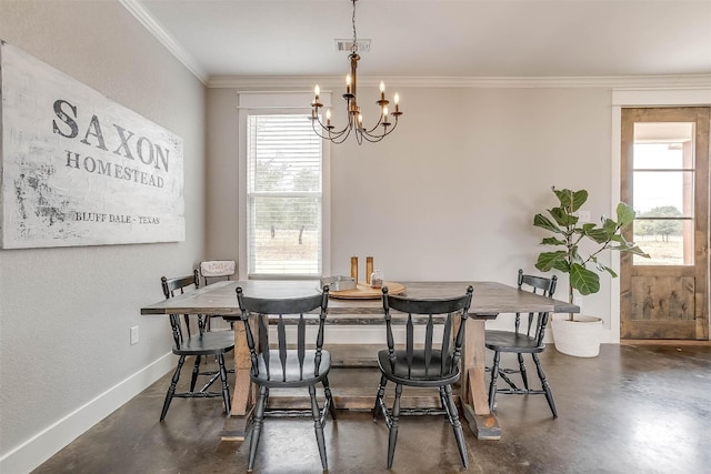 dining space with a notable chandelier and crown molding