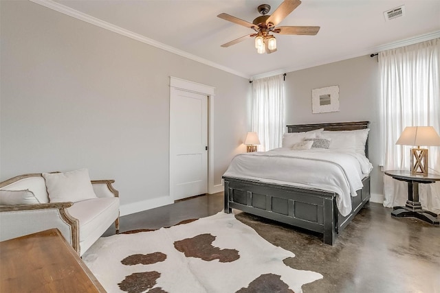 bedroom with ceiling fan and crown molding