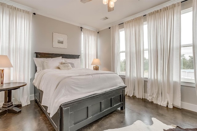 bedroom featuring multiple windows, crown molding, and ceiling fan