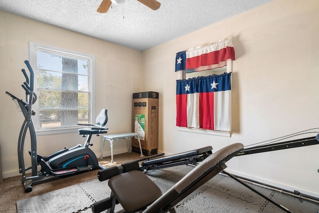 workout area with ceiling fan, a textured ceiling, and carpet floors