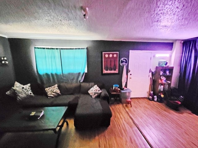 living room with a textured ceiling and wood-type flooring