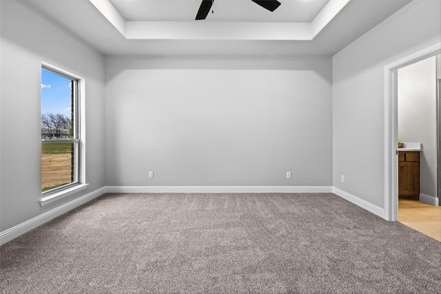 interior space with a tray ceiling and ceiling fan