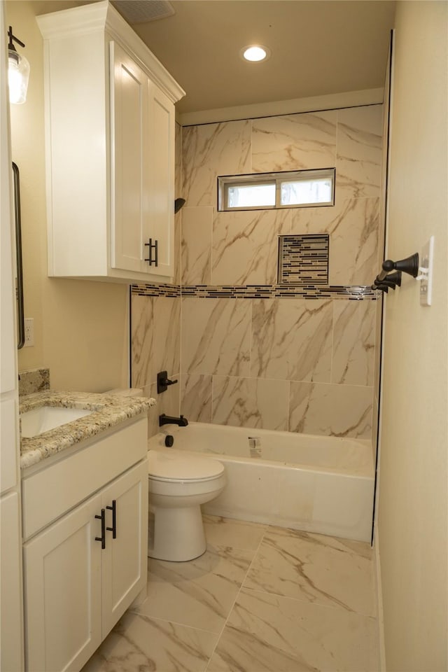 full bathroom featuring toilet, recessed lighting, shower / bathing tub combination, vanity, and marble finish floor