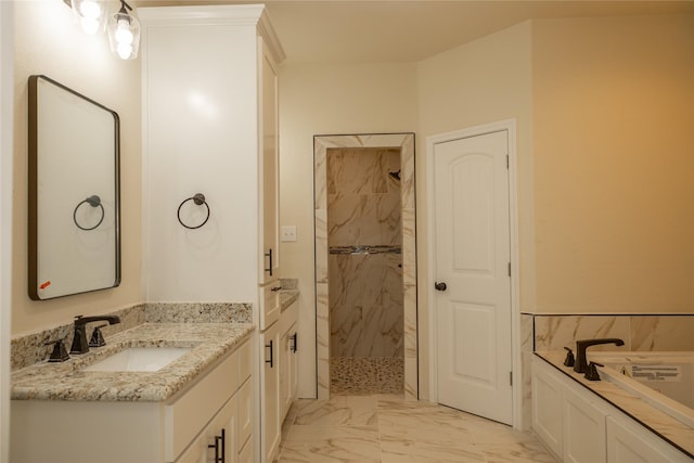 full bath featuring tiled shower, a garden tub, vanity, and marble finish floor