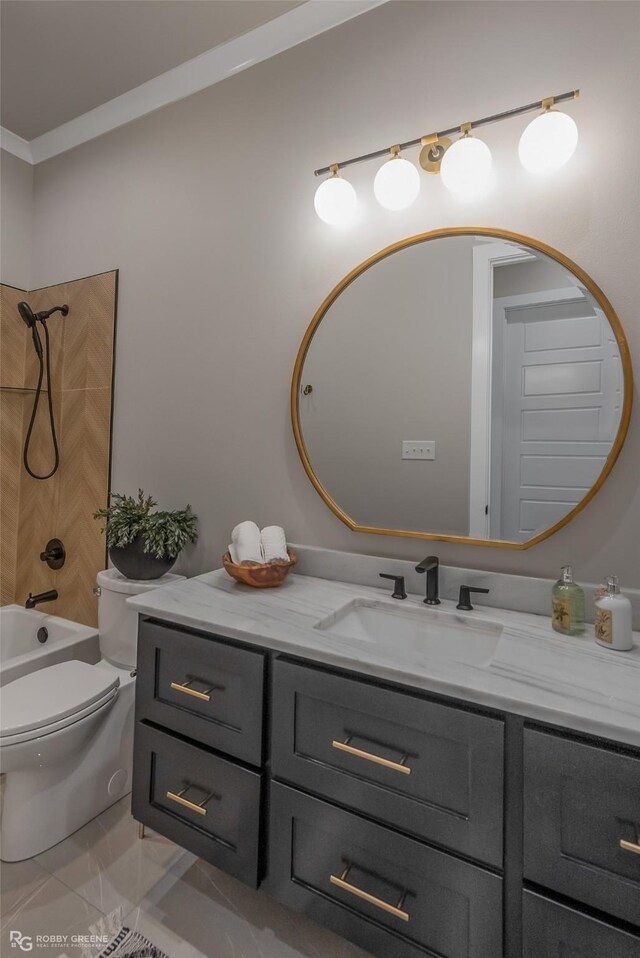642 Caledonia Dr, Bossier City, LA 71111 - bathroom featuring ornamental molding, toilet,  shower combination, and vanity