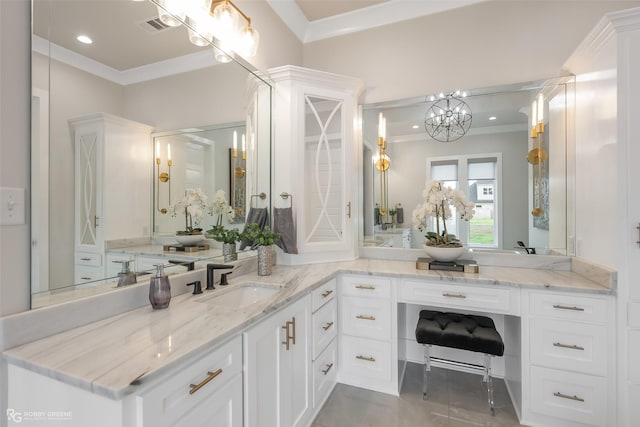 642 Caledonia Dr, Bossier City, LA 71111 - bathroom with visible vents, an inviting chandelier, recessed lighting, ornamental molding, and vanity