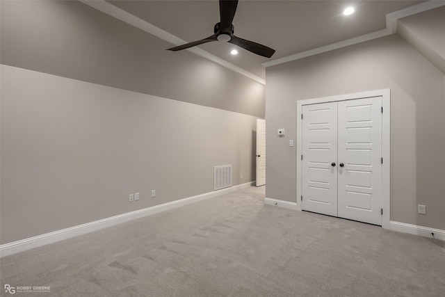 642 Caledonia Dr, Bossier City, LA 71111 - additional living space featuring lofted ceiling, visible vents, recessed lighting, light carpet, and a ceiling fan