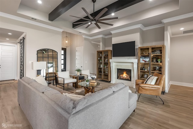 642 Caledonia Dr, Bossier City, LA 71111 - living area with wood finished floors, beamed ceiling, ceiling fan, a premium fireplace, and visible vents