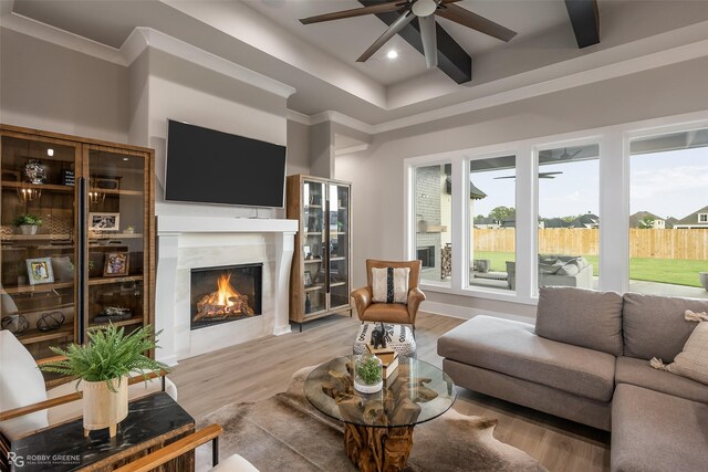 642 Caledonia Dr, Bossier City, LA 71111 - living area featuring ornamental molding, ceiling fan, a premium fireplace, and wood finished floors