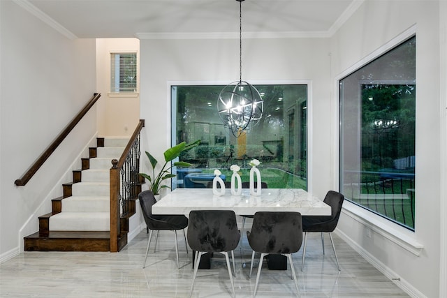 dining area featuring a notable chandelier, stairway, baseboards, and crown molding