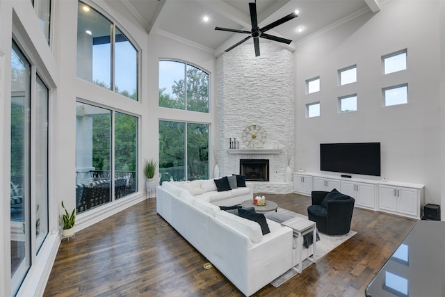 living room featuring dark hardwood / wood-style flooring, a fireplace, crown molding, and a high ceiling