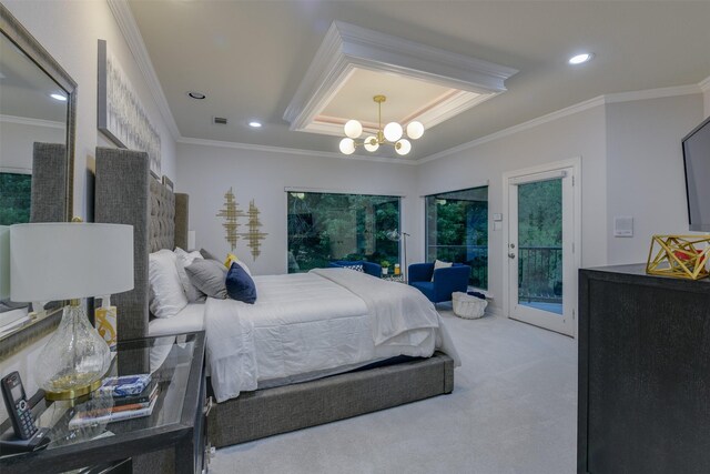 carpeted bedroom with access to outside, crown molding, and an inviting chandelier