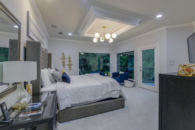 carpeted bedroom featuring access to outside, an inviting chandelier, visible vents, and crown molding