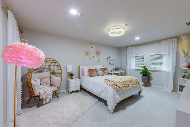 bedroom featuring recessed lighting, carpet flooring, and baseboards