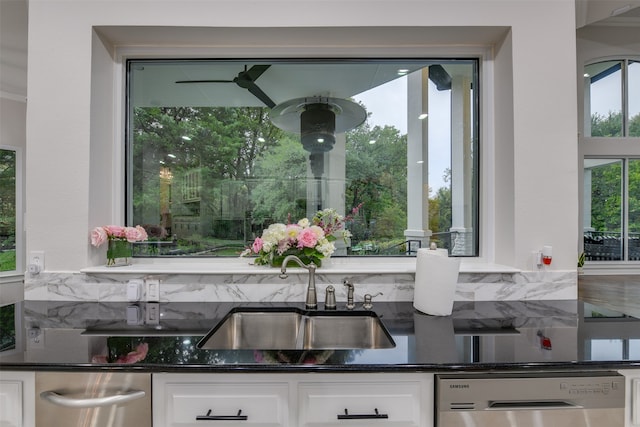 kitchen with sink, decorative backsplash, stainless steel dishwasher, and white cabinets