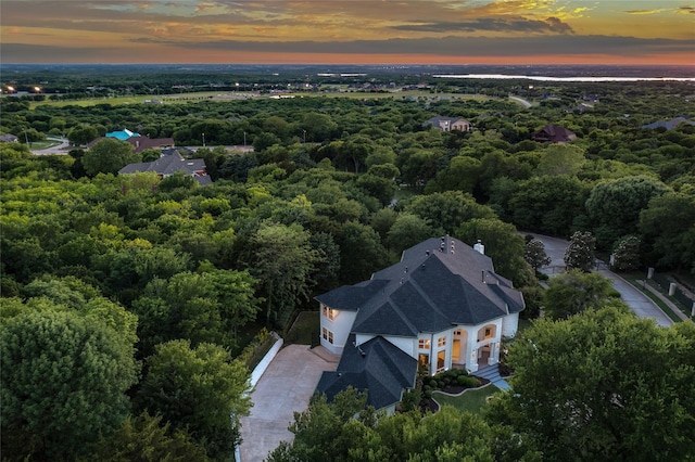 aerial view at dusk with a view of trees