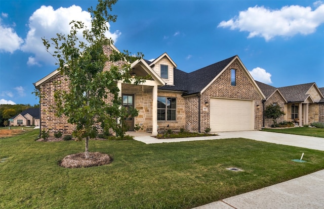 view of front of property featuring a front yard and a garage