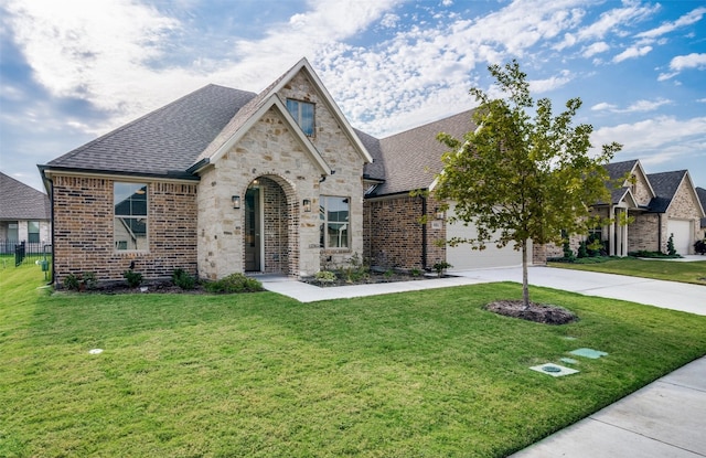 view of front of house with a front yard and a garage