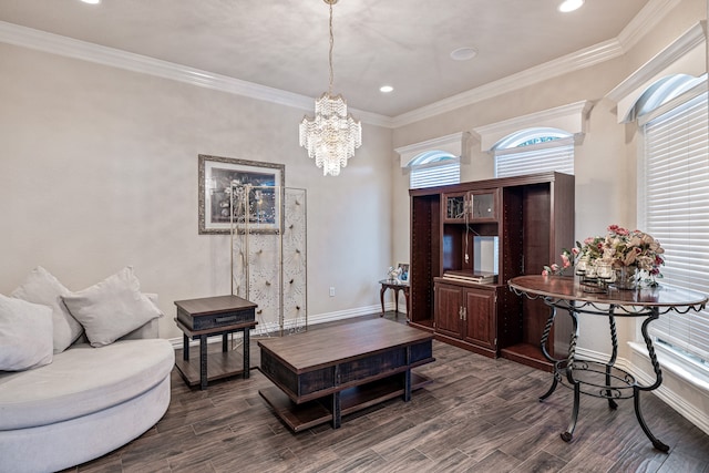 living room with a chandelier, dark hardwood / wood-style flooring, and ornamental molding