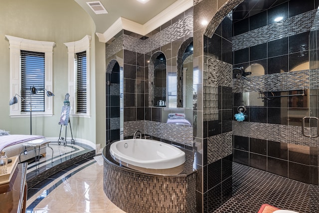 bathroom with plus walk in shower, tile patterned floors, and crown molding