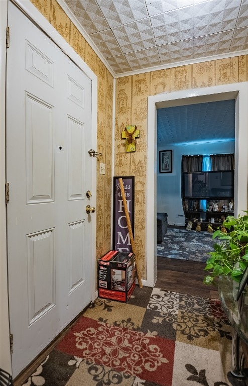 interior space with dark wood-type flooring