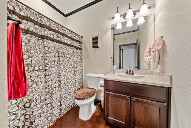 bathroom with wood-type flooring, oversized vanity, toilet, and ornamental molding