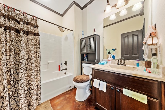 full bathroom featuring toilet, ornamental molding, vanity, and shower / bath combo with shower curtain