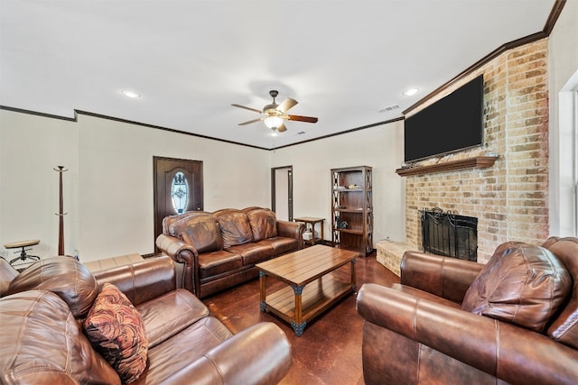 living room featuring a fireplace, brick wall, ceiling fan, crown molding, and dark hardwood / wood-style floors