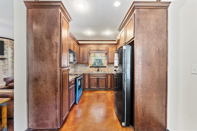 kitchen with light stone countertops, tasteful backsplash, black appliances, and sink